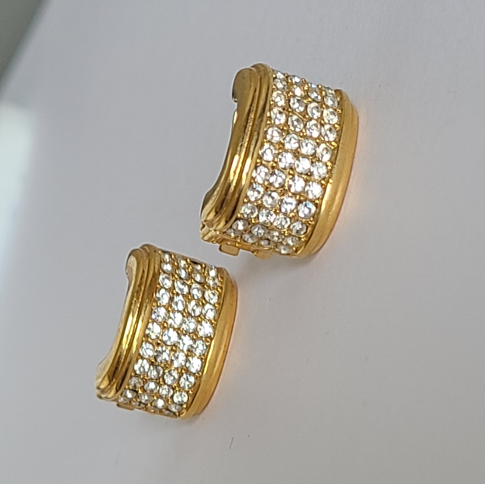 Vintage Christian Dior Designer Luxury Crystal Chunky Gold Clip On Stud Earrings